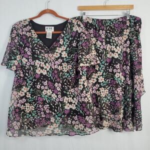 Vintage Floral V-neck Flutter Sleeve Skirt Set size 22WP black multi 90s fairy